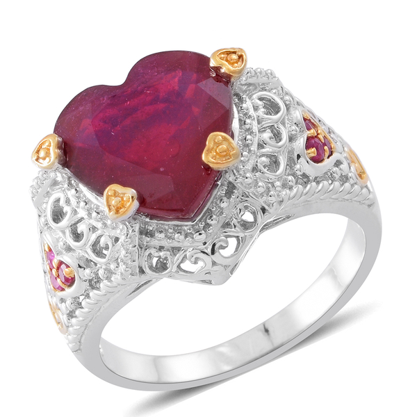 8.35 Ct African Ruby and Ruby Heart Solitaire Ring in Rhodium and 14K Gold Plated Silver 6.45 Grams