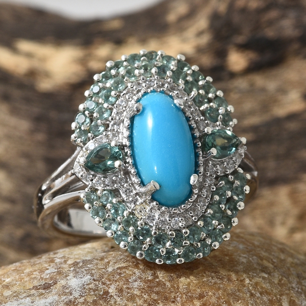 Arizona Sleeping Beauty Turquoise (Ovl 1.90 Ct), Ocean Blue Apatite and Natural Cambodian Zircon Cluster Ring in Platinum Overlay Sterling Silver 3.500 Ct. Silver wt 6.06 Gms.