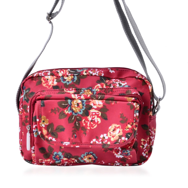 Designer Inspired Multi Colour Floral Printed Red Colour Handbag with External Zipper Pocket and Adj