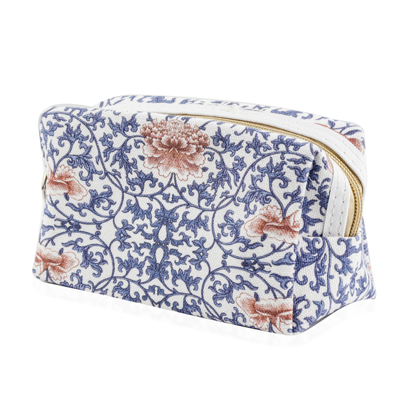 Set of 2 - Blue and Multi Colour Floral Pattern Cosmetic Bag (Size Large 26X17X9 Cm and Small 15X11X7 Cm)