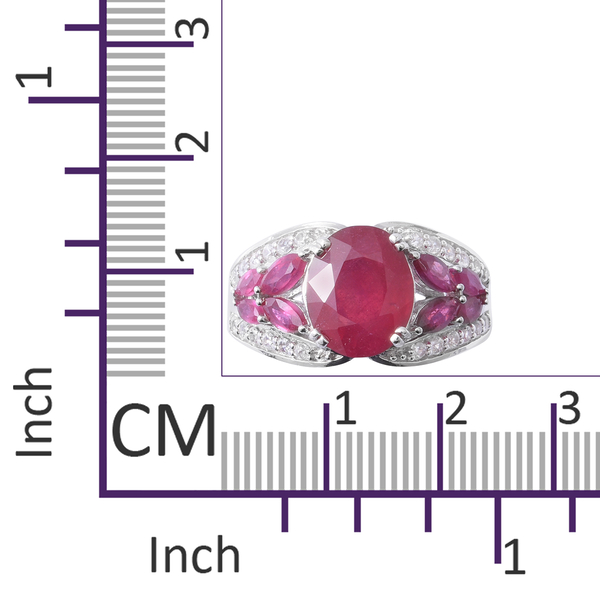 African Ruby (Ovl 5.20 Ct), Natural White Cambodian Zircon Ring in Rhodium Overlay Sterling Silver 7.010 Ct, Silver wt 5.10 Gms.