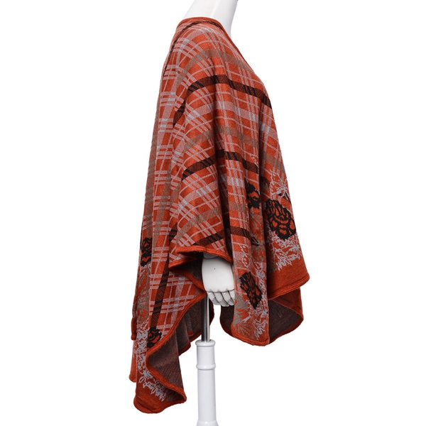 Designer Inspired Floral and Checks Pattern Red and Multi Colour Poncho (Size 120x90 Cm)