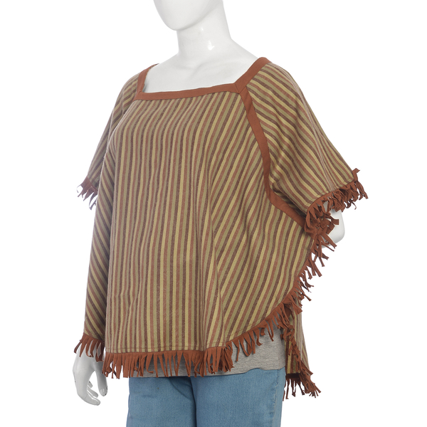 Beige and Brown Colour Top with Fringes (Size 86.4x68.6 Cm)
