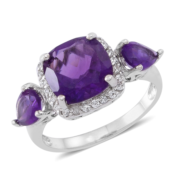 Amethyst (Cush 3.60 Ct), Natural White Cambodian Zircon Ring in Rhodium Plated Sterling Silver 5.000