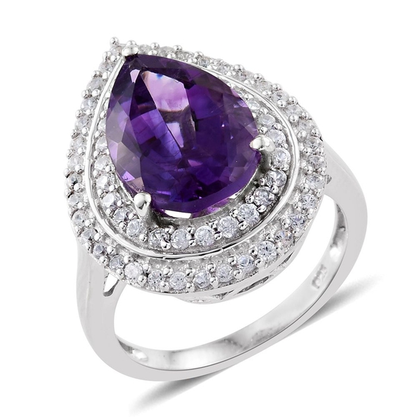 Limited Edition-Moroccan Amethyst (Pear 4.95 Ct), Natural Cambodian Zircon Ring in Platinum Overlay 