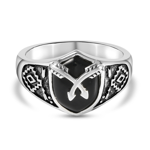 Black Agate Arrow Ring With Oxidised in Stainless Steel 3.70 Ct.