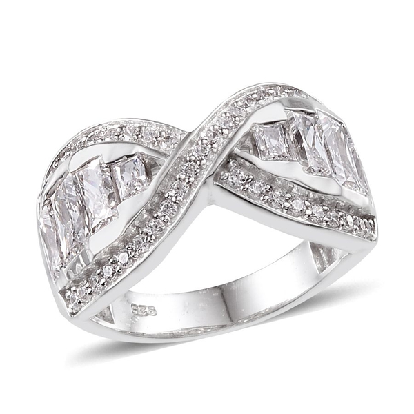 Lustro Stella - Platinum Overlay Sterling Silver (Bgt) Criss Cross Ring Made with Finest CZ, Silver 