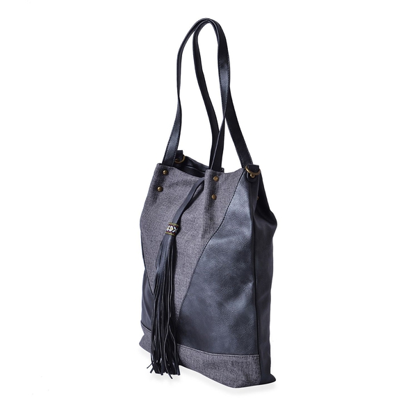 Black and Grey Colour Bucket Bag with Tassel (Size 38x30.5x8 Cm)