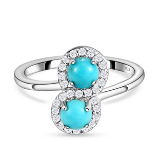 Arizona Sleeping Beauty Turquoise and Natural Cambodian Zircon Bypass Ring in Platinum Overlay Sterl