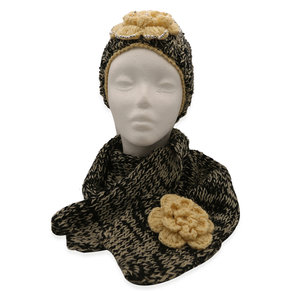 Set of 2 - Black Knit Hat (48x20cm) and Scarf (150x13cm) with Cream Colour Flower Detail