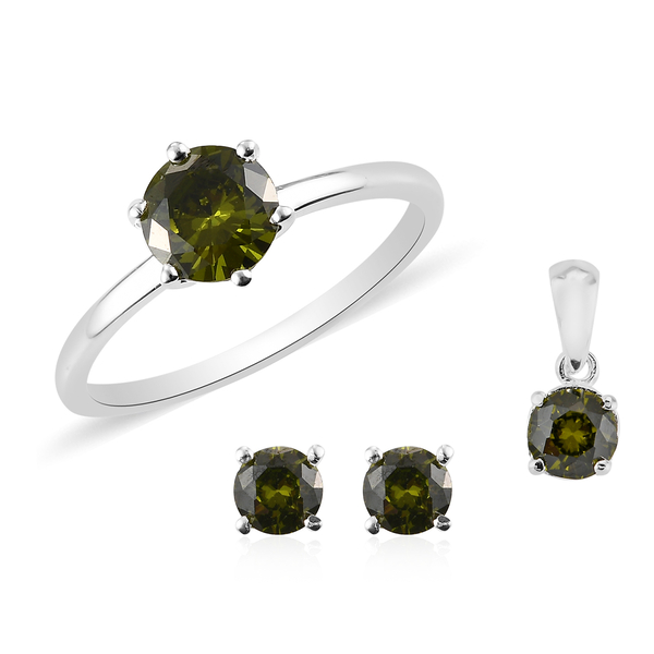 3 Piece Set - Simulated Peridot Solitaire Ring, Pendant and Stud Earrings in Sterling Silver (with P