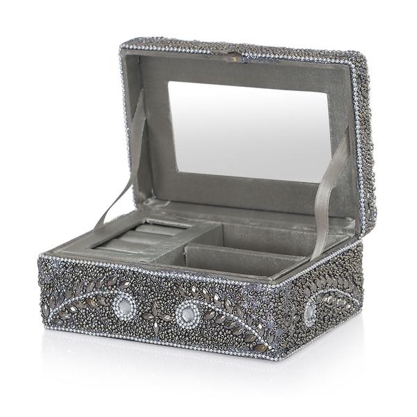 Black Colour Jewellery Box Decorated with Grey, White and Black Beads with a Tray Inside (Size 15x10x6 Cm)