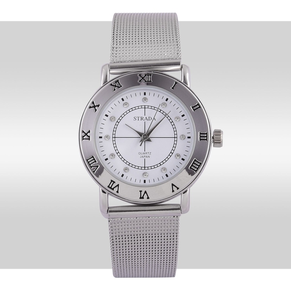 STRADA Japanese Movement White Austrian Crystal Studded White Dial Water Resistant Watch in Silver Tone with Stainless Steel Back and Chain Strap