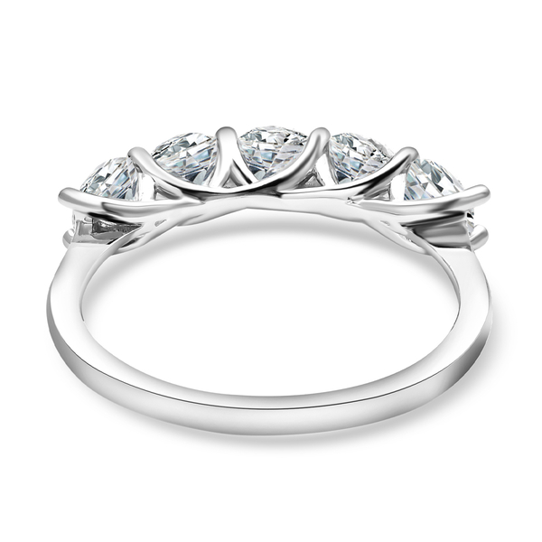 Moissanite (120 Faceted) 5 Stone Ring in Rhodium Overlay Sterling Silver 2.25 Ct.
