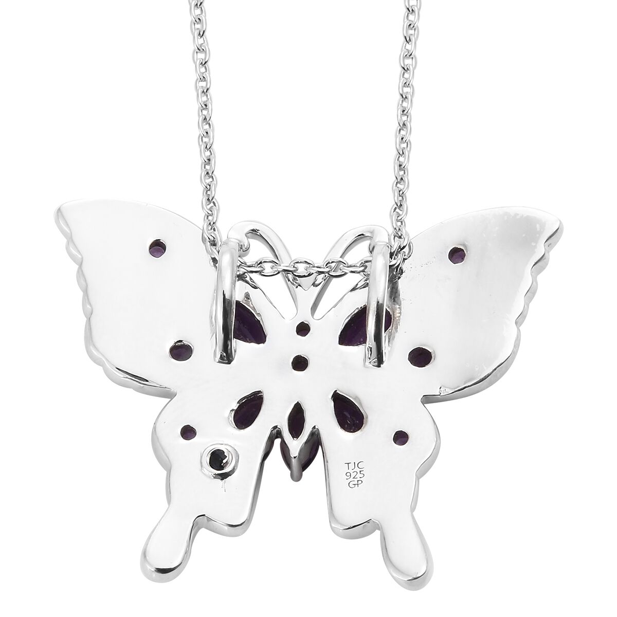 GP - African Amethyst & Blue Sapphire Purple Colour Enameled Butterfly Pendant with Chain (Size - 20) in Rhodium Overlay Sterling Silver 1.90 Ct.
