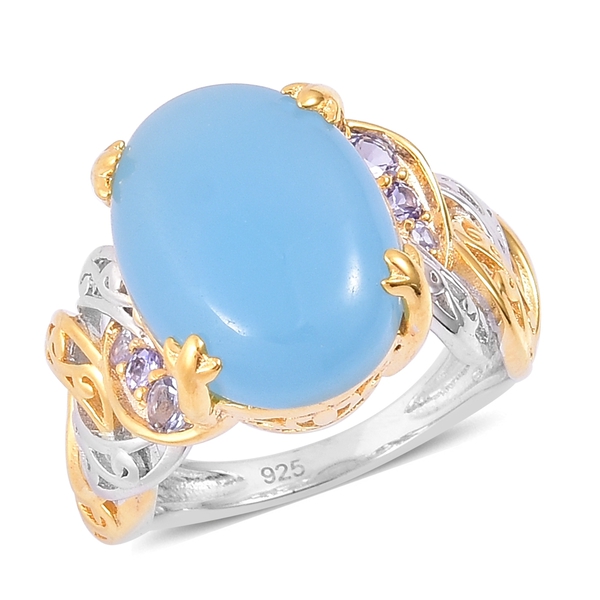 Blue Jade (Ovl), Tanzanite Ring in Yellow Gold and Rhodium Plated Sterling Silver 10.850 Ct. Silver 