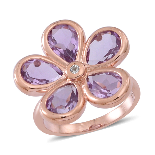 Rose De France Amethyst (Pear), Natural Cambodian White Zircon Floral Ring in 14K Rose Gold Overlay 
