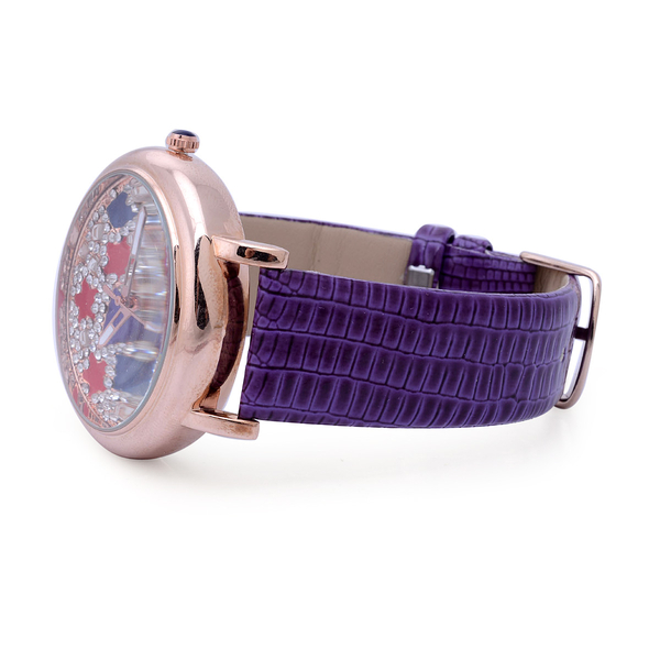 GENOA Japanese Movement Enameled Dial with White Austrian Crystal Water Resistant Watch in ION Plated Rose Gold with Purple Strap