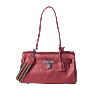 100% Genuine Leather Tote Bag (30x19x8cm) with Stripe Pattern Shoulder Strap in Rose Red