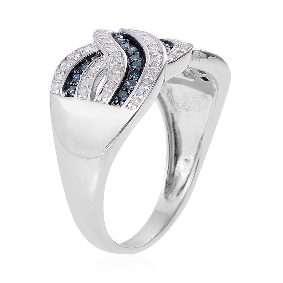 Blue and White Diamond (Rnd) Sea Wave Ring in Rhodium Plated Sterling Silver 0.500 Ct.