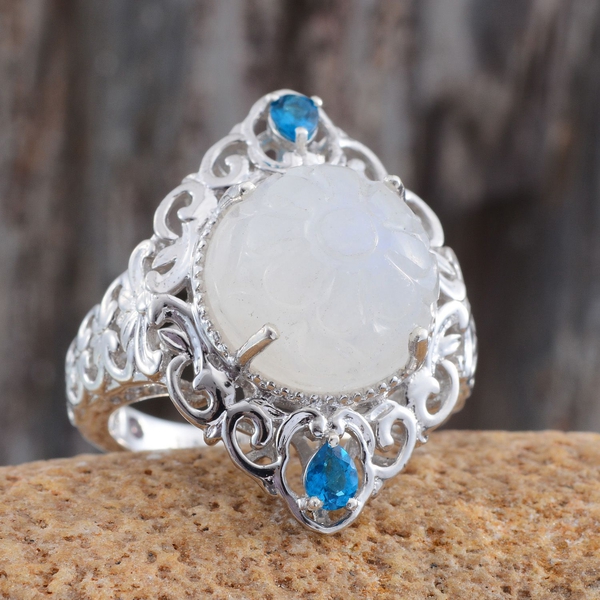 Stefy Rainbow Moonstone (Rnd 9.50 Ct), Malgache Neon Apatite and Pink Sapphire Ring in Platinum Overlay Sterling Silver 9.855 Ct.
