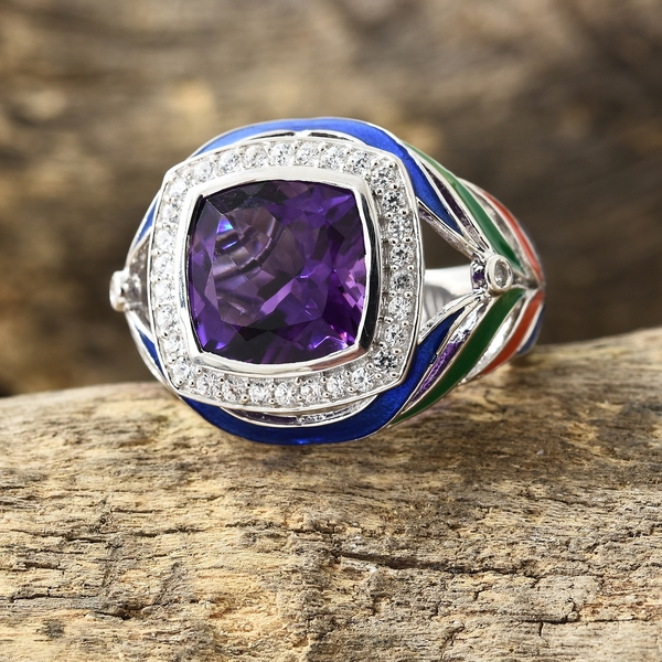 Lusaka Amethyst (Cush 7.50 Ct), Natural Cambodian Zircon Multi Colour Enameled Feather Ring in Platinum Overlay Sterling Silver 8.000 Ct. Silver wt 8.07 Gms.