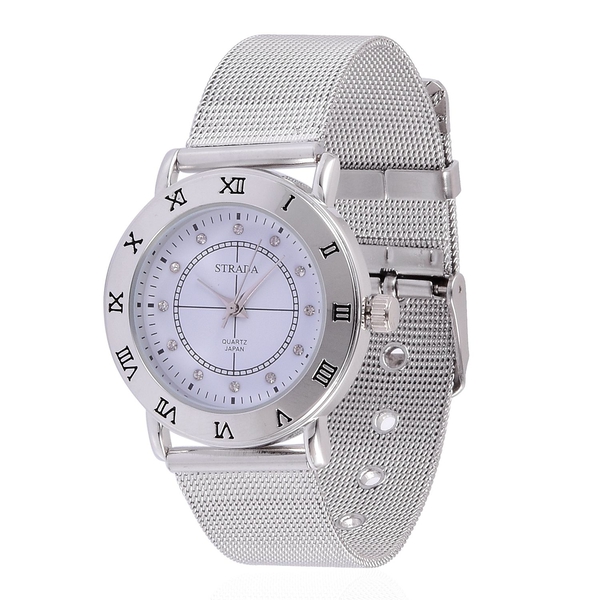 STRADA Japanese Movement White Austrian Crystal Studded White Dial Water Resistant Watch in Silver T