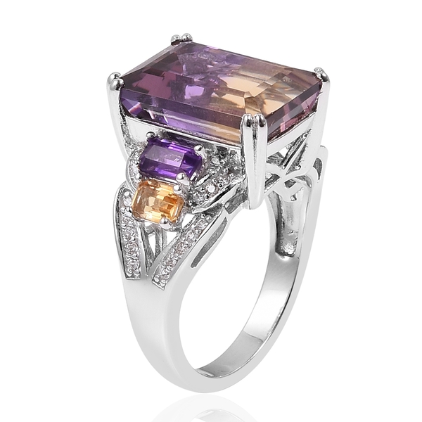 Anahi Ametrine (Oct), Amethyst, Citrine and Natural White Cambodian Zircon Ring in Rhodium Overlay Sterling Silver 8.400 Ct, Silver wt 5.15 Gms.
