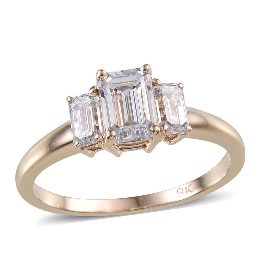 9K Y Gold (Oct) 3 Stone Ring Made with Finest CZ 1.560 Ct.