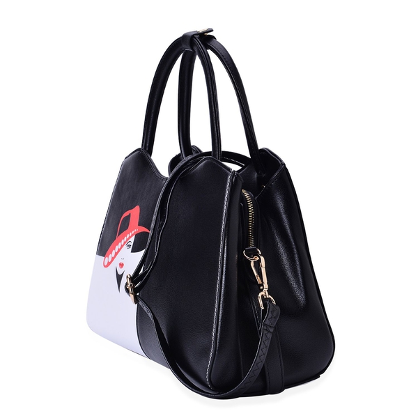 Girl with Hat Printed Black, White and Red Colour Tote Bag with External Zipper Pocket and Adjustable, Removable Shoulder Strap (Size 31x22x14 Cm)