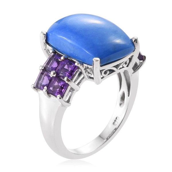 Ceruleite (Cush 7.75 Ct), Amethyst Ring in Platinum Overlay Sterling Silver 9.250 Ct.