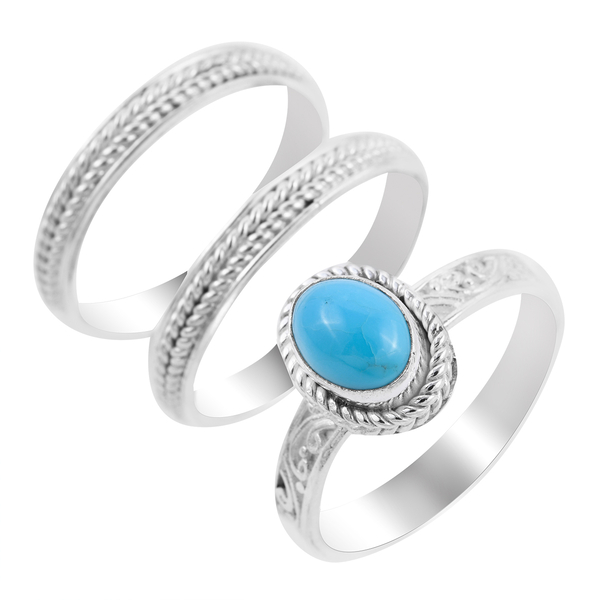 Royal Bali Collection- Set of 3 Arizona Turquoise Sleeping Beauty Ring in Sterling Silver 1.00 Ct, S