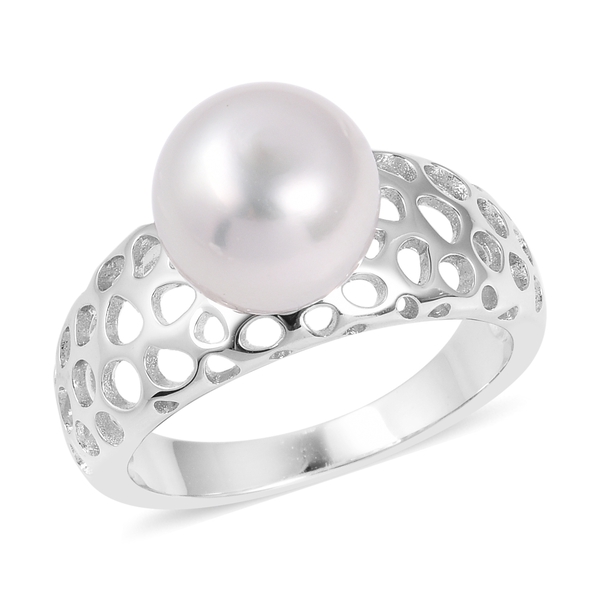 RACHEL GALLEY 10mm White South Sea Pearl Lattice Solitaire Ring in Rhodium Plated Sterling Silver