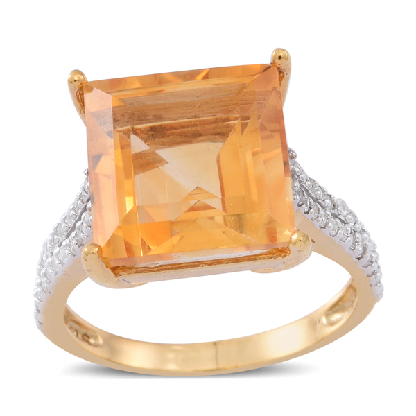 Uruguay AAA Rare Size Citrine (Sqr 10.00 Ct), White Zircon Ring in 14K Gold Overlay Sterling Silver 