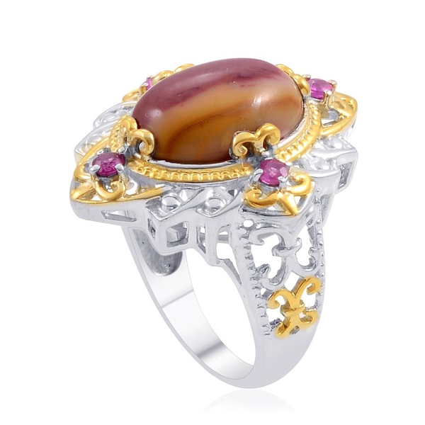 Designer Collection Kennedy Range Mookaite (Ovl 9.38 Ct), Ruby Ring in 14K YG and Platinum Overlay Sterling Silver 9.835 Ct.