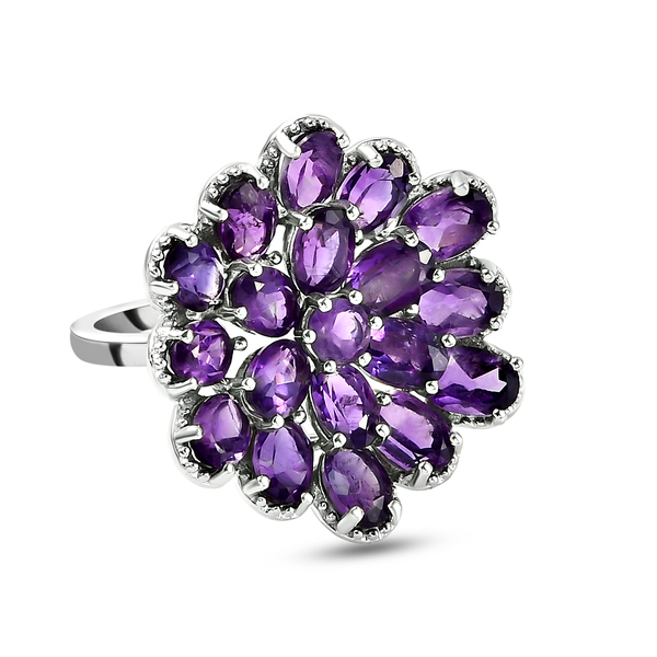Amethyst Floral Ring in Platinum Overlay Sterling Silver 8.32 Ct, Silver Wt. 5.80 Gms