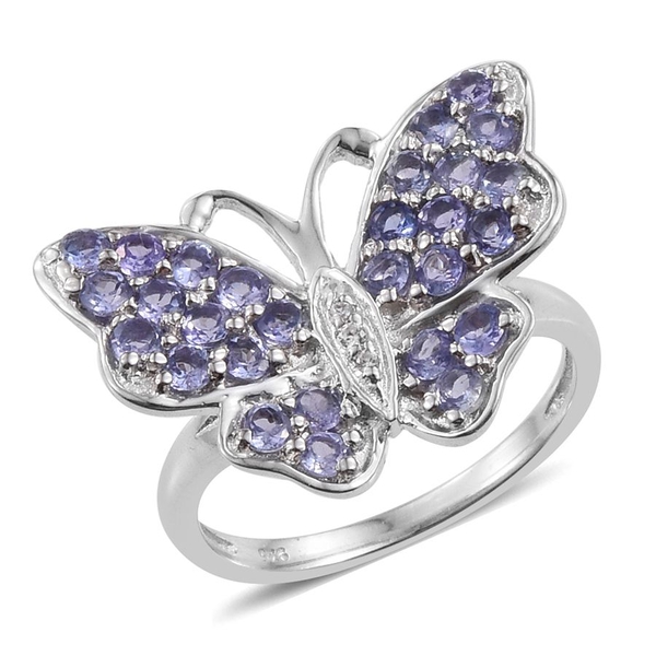 Tanzanite (Rnd), Natural Cambodian Zircon Butterfly Ring in Platinum Overlay Sterling Silver 1.500 C