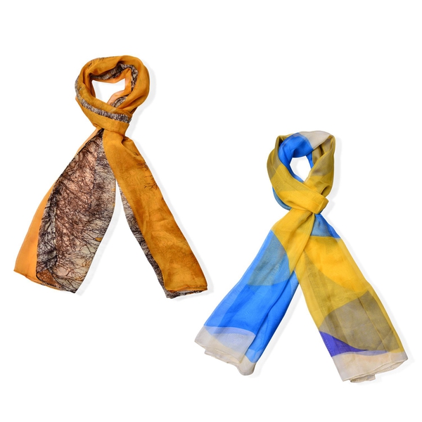 Set of 2 - Designer Inspired Tree Pattern Blue, White and Yellow Colour Printed Scarf (Size 175x70 C