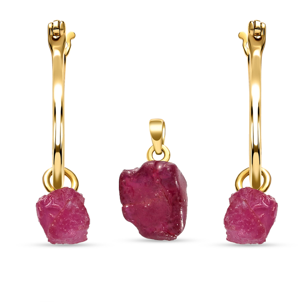 2 Piece Set - African Ruby (FF) Pendant and Detachable Hoop Earrings with Clasp in 14K Gold Overlay 