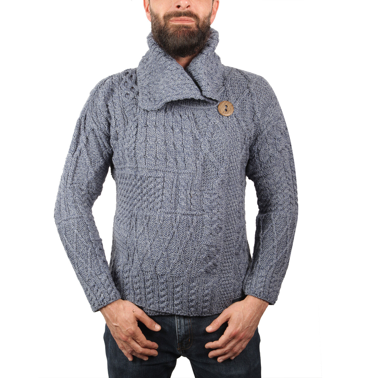 Limited Available - Carraig Donn 100% Merino Wool Knitted Women Cardigan with Pockets and Button-Blue- S size