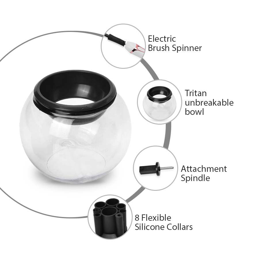Makeup Brush Cleaner Set Includes 1 Electric Brush Spinner, 1 Bowl, 1 Attachment Spindle and 8 Brush Collars- White