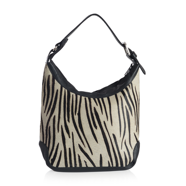 Genuine Leather Zebra Pattern Black and White Colour Handbag with External Zipper Pocket and Adjustable Shoulder Strap (Size 33x23x11 Cm)