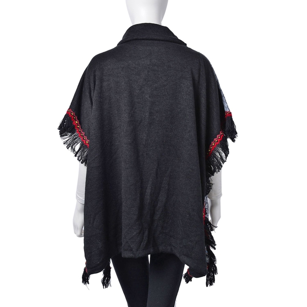 Black, Red and Multi Colour Rhombus Pattern Turtle Neck Poncho with Tassels (Free Size)