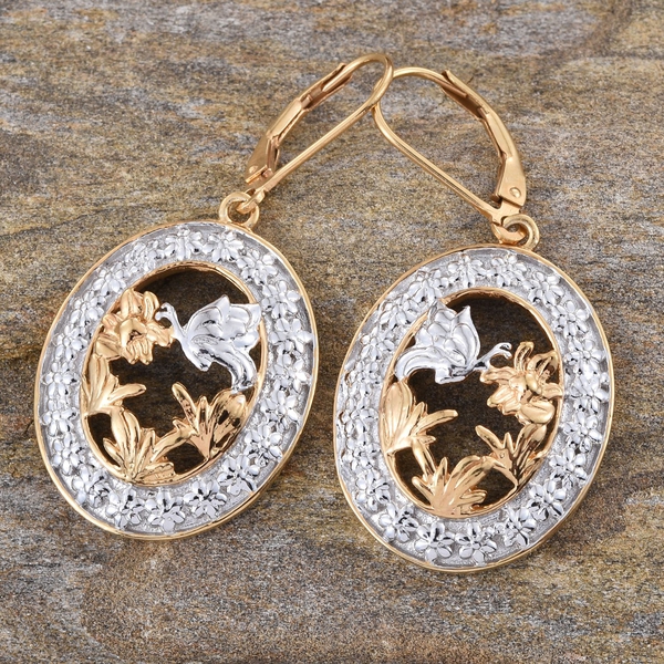 Yellow Gold and Platinum Overlay Sterling Silver Butterfly and Floral Lever Back Earrings, Silver wt 8.50 Gms