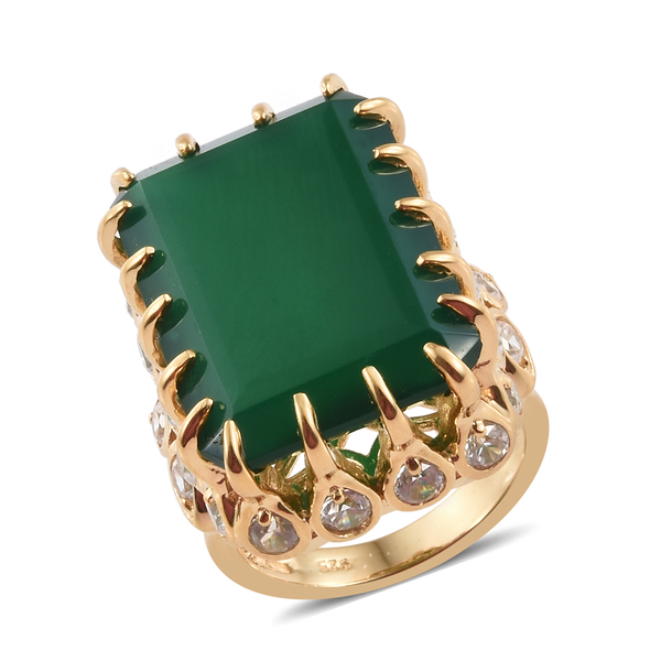 Verde Onyx (22x16 mm), Natural Cambodian Zircon Ring in 14K Gold Overlay Sterling Silver 20.000 Ct, 
