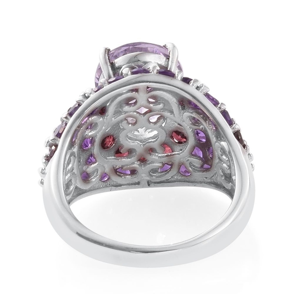 Designer Inspired-Rose De France Amethyst (Ovl), Amethyst and Rhodolite Garnet Ring in Platinum Overlay Sterling Silver 8.250 Ct. Silver wt 6.17 Gms.
