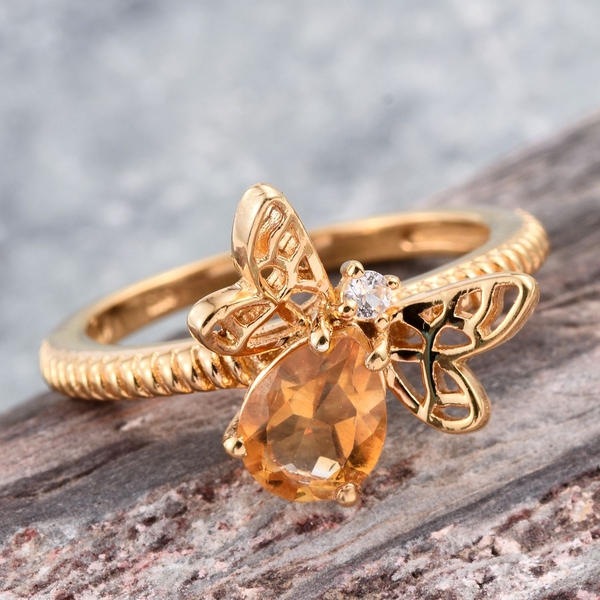 Citrine (Pear 0.95 Ct), White Topaz Honey Bee Ring in 14K Gold Overlay Sterling Silver 1.000 Ct.