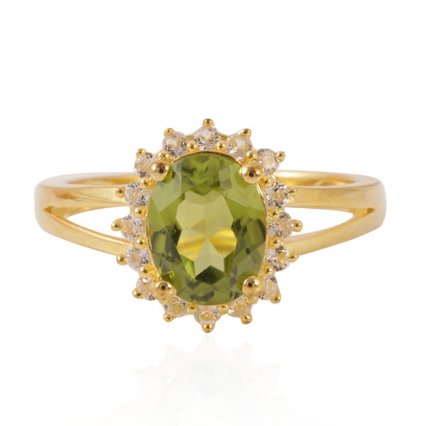 AA Hebei Peridot (Ovl 2.00 Ct), White Topaz Ring in Yellow Gold Overlay Sterling Silver 2.100 Ct.