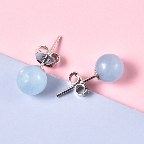 Aquamarine Bead Stud Earrings (with Push Back) in Rhodium Overlay Sterling Silver 5.50 Ct.