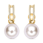 White Shell Pearl and Simulated Diamond Detachable Earrings With Push Back  in Yellow Gold Tone